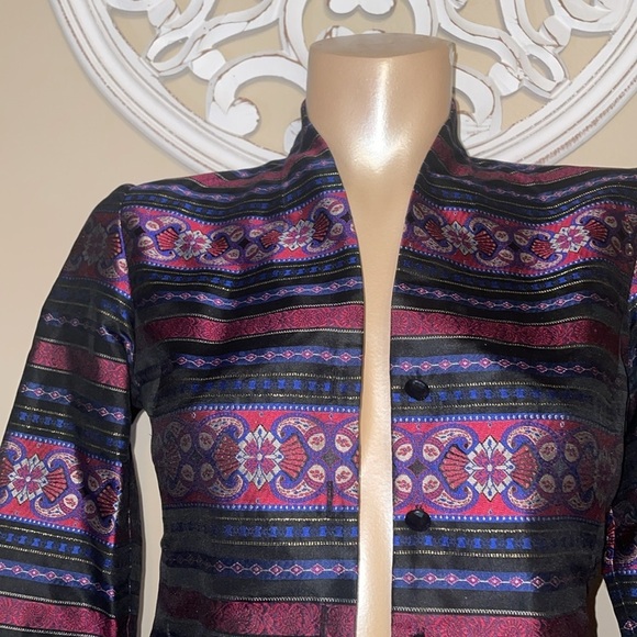 Talbots women’s 4 petite 4p small blazer jacket blouse Black pink pattern silk - Picture 2 of 10